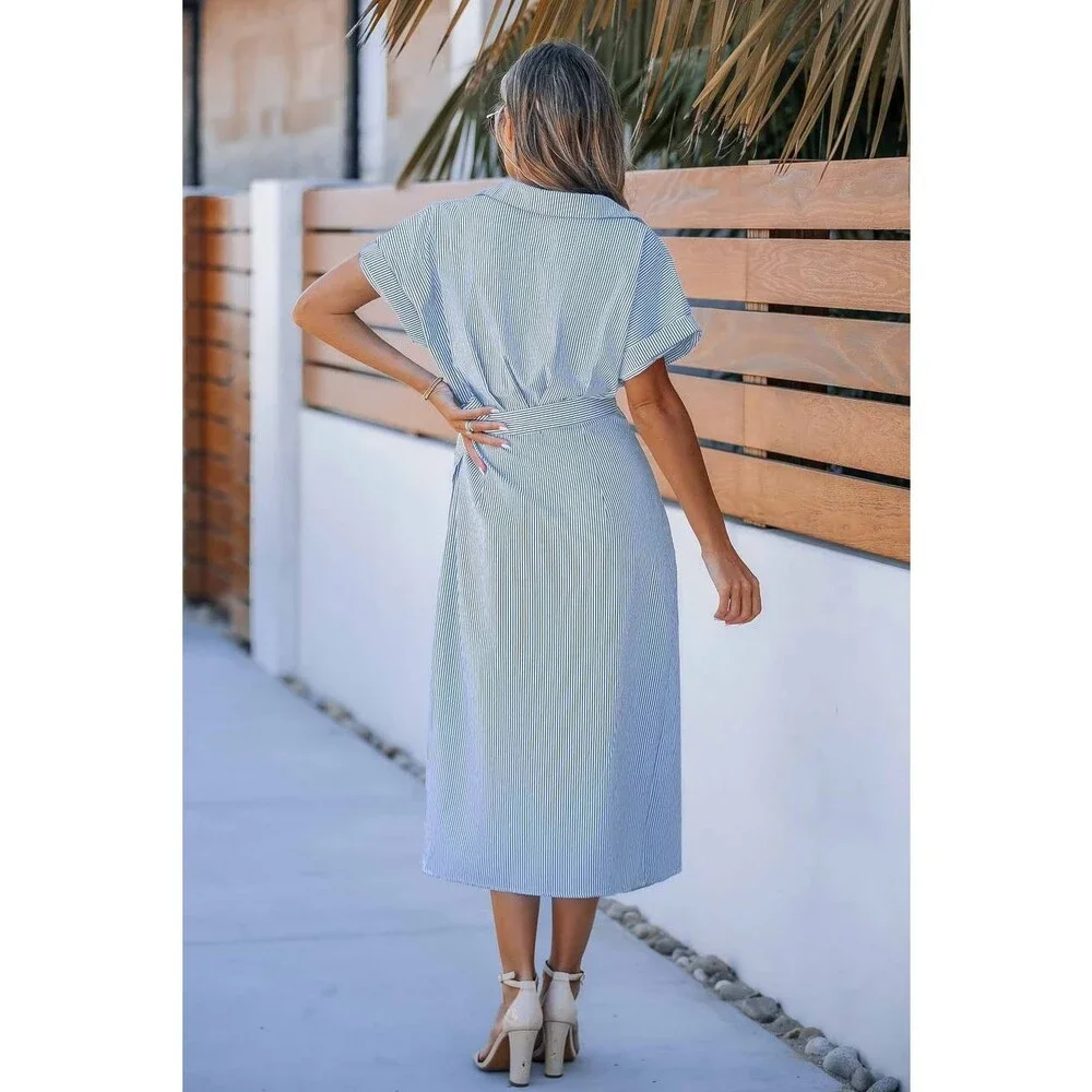Cupshe Blue Pin‑Stripe Collared Wrap Midi Dress Size S NWT Summer msrp$50.99 - Picture 2 of 9